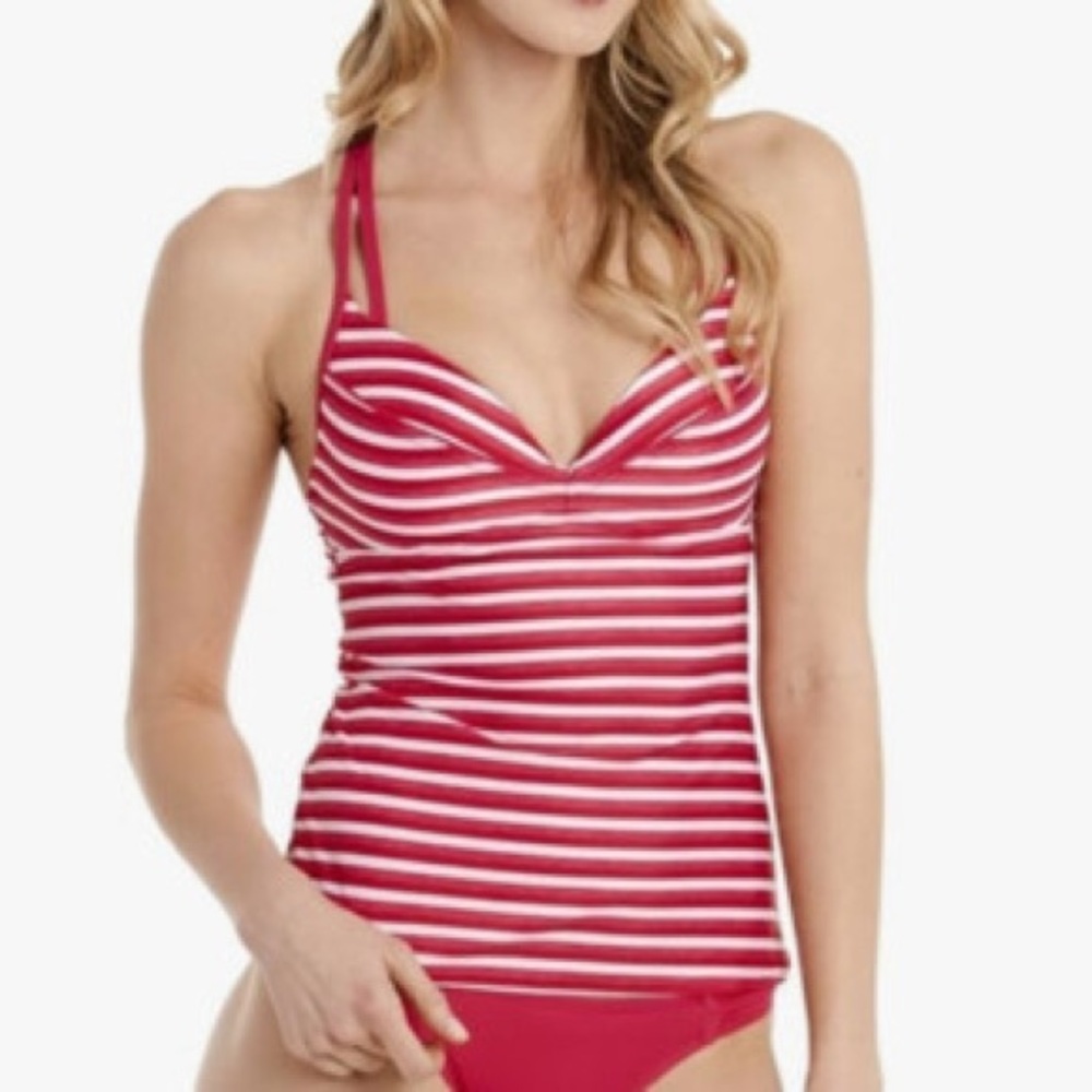 Lolë Argentina Pink White Striped Underwire Tankini Swim Top Crisscross Back L